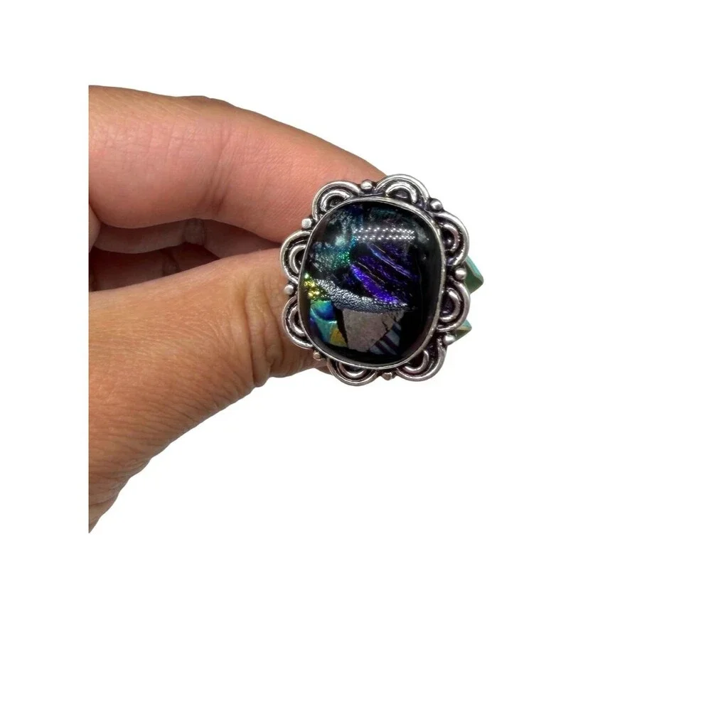 Dichroic Glass Ring Size 8 925 Sterling Silver Overlay Blue Purple Black
